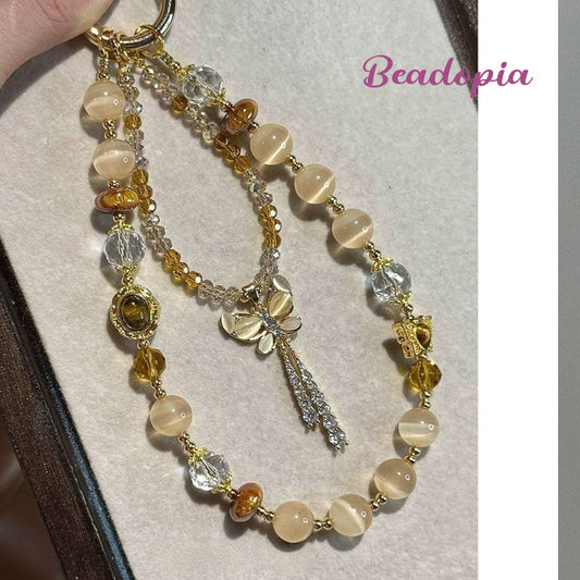 Retro luxury phone chain with imitation tiger's eye beads and butterfly charm