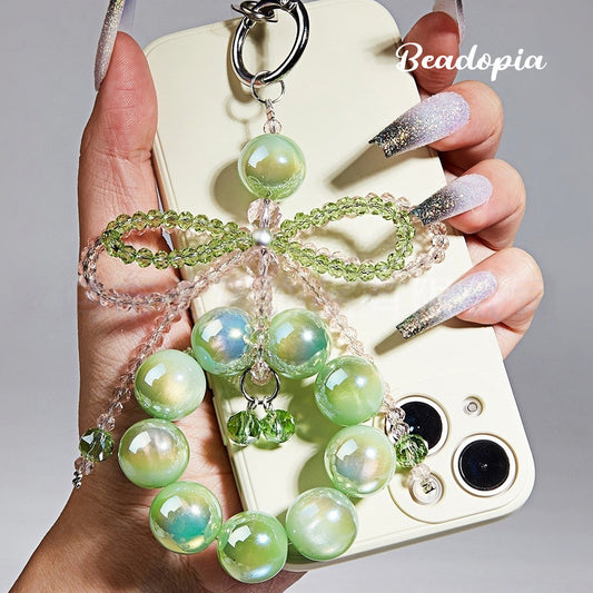 Optical UV resin beads phone chain with crystal seed beads bow