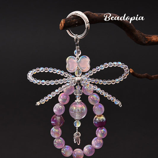 Luxury elegant phone chain with optical UV beads and crystal butterfly and bow